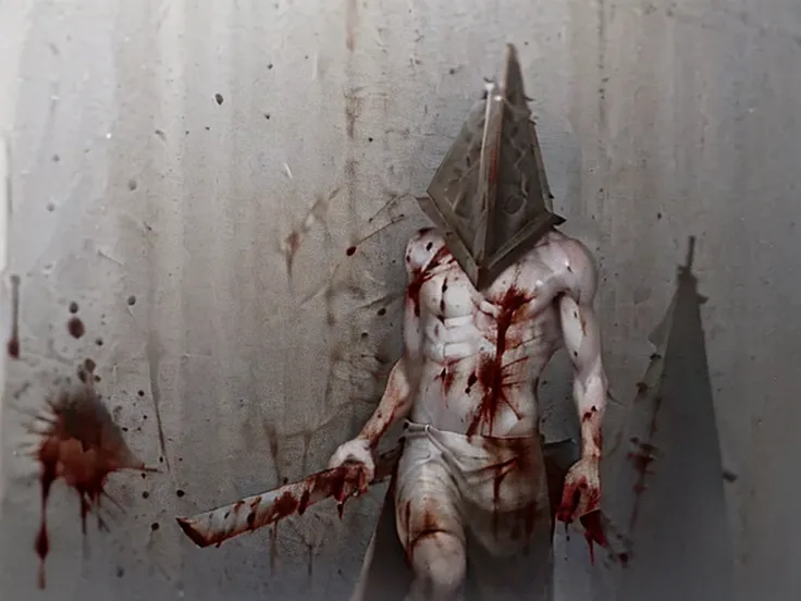 000013,
1man,solo focus,
((very big pyramid head)),((sleeveless butcher apron)),butcher apron,holding heavy blade both hands, drag heavy weapon,
misty town,silent hill,
best quality,
broken corps,
Executioners,rusty long skirt,Worn out clothes,
fog,night,walking, 
monochrome,red accent,(((((blood))))),
((((slender,slim body,slim arms,slim stomach)))),sick skin,
<lora:pyramidHeadLora_pyramidHead:1> <lora:rfktrsMysteryCreatures_v10(1):1>