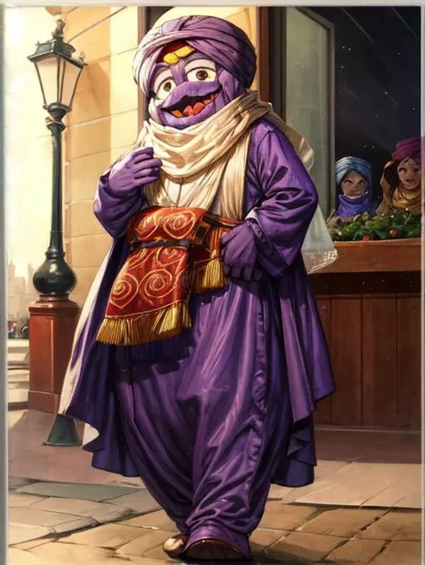 best quality, masterpiece, highres, detailed, <lora:Detail - add_detail:0.2>, DesertNCh, <lyco:Change - Desert Nomad:0.5>, turban, mouth veil, brown clothes, traditional clothes, grimace, purple, mascot, monster, no human, <lora:Character - Grimace:0.9>