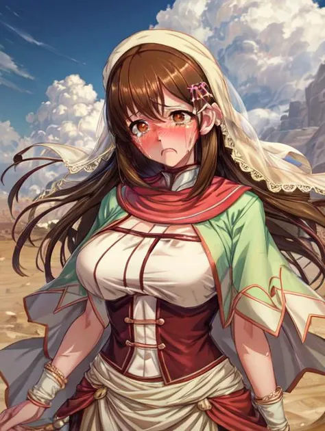 best quality, masterpiece, highres, detailed, <lora:Detail - add_detail:0.2>, DesertNCh, <lyco:Change - Desert Nomad:0.8>, turban, mouth veil, brown clothes, traditional clothes,  <lora:Character - Mite:0.7>, Mite, brown hair, orange eyes, pink hair ornament, large breasts, sad, crying, wind, dust,