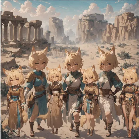 7girls, desert, full body, <lora:Epic_Landscapes-Pony:0.5>, epic landscapes, <lora:Rok_v4:0.6>, rok, blonde hair, short hair, animal ears, tail, yellow eyes, brown robes, desert clothes, traditional clothes, <lora:DesertNomad:0.5>, DesertNCh, <lora:The_Adventurers_Party:0.5>, adventureparty, BREAK score_9, score_8_up, score_7_up, best quality, masterpiece, 4k, prefect lighting, very aesthetic, anime, zPDXL2, <lora:IriaStylePony:0.7>, IRIaStyle, chibi