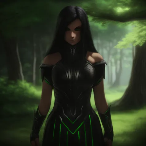Best_QualityPos, RAW photo, intricate details, best quality, 8k uhd, soft lighting, 1girl, solo, black hair, long hair, armor, bare shoulders, green eyes, forest <lora:Hela:0.7> <lora:EliteNappa_Style:1>