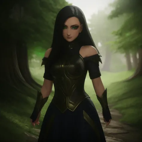 Best_QualityPos, RAW photo, intricate details, best quality, 8k uhd, soft lighting, 1girl, solo, black hair, long hair, armor, bare shoulders, green eyes, forest <lora:Hela:0.7> <lora:EliteNappa_Style:1>