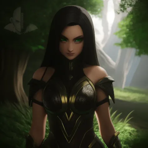 Best_QualityPos, RAW photo, intricate details, best quality, 8k uhd, soft lighting, 1girl, solo, black hair, long hair, armor, bare shoulders, green eyes, forest <lora:Hela:0.7>  <lora:EliteNappa_Style:1>