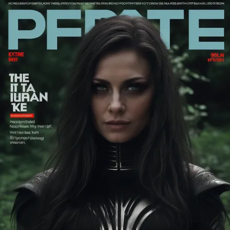 Best_QualityPos, RAW photo, intricate details, best quality, 8k uhd, soft lighting, 1girl, solo, black hair, long hair, armor, green eyes, forest <lora:Hela:0.7> <lora:LowRA:0.6>, Defaults17Style, (magazine cover, english text:1.3) <lora:Defaults17Style v2:0.1>