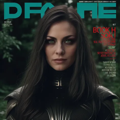 Best_QualityPos, RAW photo, intricate details, best quality, 8k uhd, soft lighting, 1girl, solo, black hair, long hair, armor, green eyes, forest <lora:Hela:0.7> <lora:LowRA:0.6>, Defaults17Style, (magazine cover, english text:1.3) <lora:Defaults17Style v2:0.1>