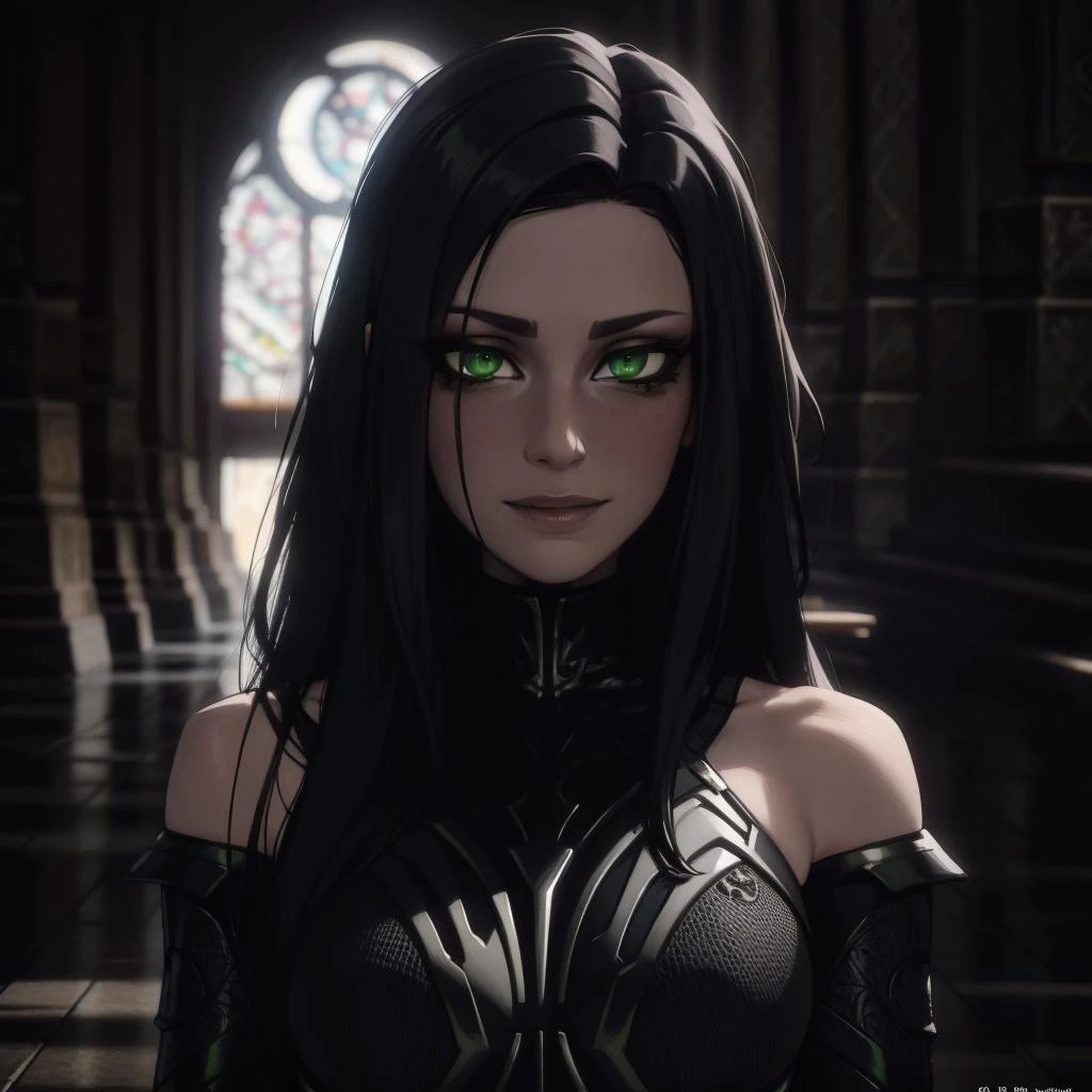 Best_QualityPos, RAW photo, intricate details, best quality, 8k uhd, soft lighting, 1girl, solo, bare shoulders, black hair, long hair, armor, green eyes <lora:HelaV1:0.7> <lora:LowRA:0.6>
