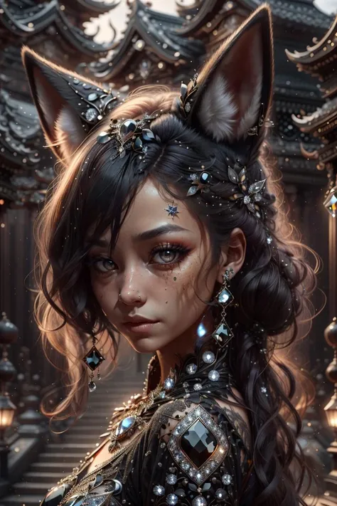 <lora:black-diamond-style-darquelilly-v3:1> blackdiamondstyle, 1girl,   fox ears, + +, close up, temple