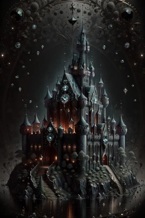 <lora:black-diamond-style-darquelilly-v3:1> blackdiamondstyle, castle
