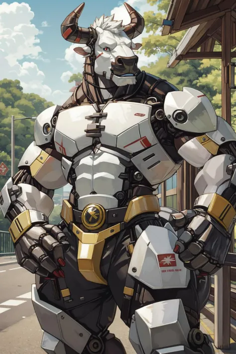 <lora:Mechanimals:0.6>,artwork,(a mechanized bull:1),anthropomorphic,road,