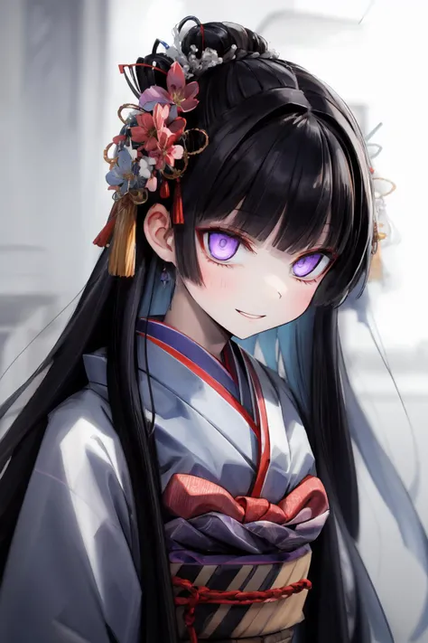 masterpiece, absurdres, highres, ultra detailed:1.0, sidelighting, aesthetic Eyes, <lora:GoodHands-beta2:1.2>, nice hands,
1girl, solo, purple eyes, glowing eyes, half-closed eyes, long hair, parted bangs, wavy hair, kimono, evil smile,