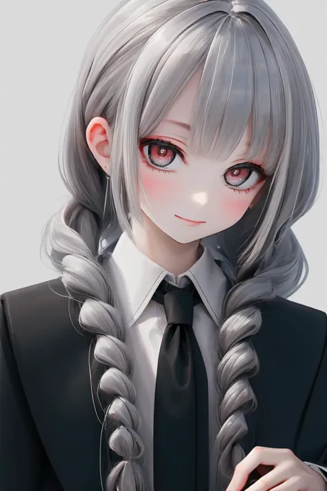 masterpiece, best quality, high contrast, soft light, sharp focus, 1girl, silver hair, braided hair, beautiful, smirk, picture of a woman in a black suit, white shirt, black jacket, black tie, red eyes, bright eyes