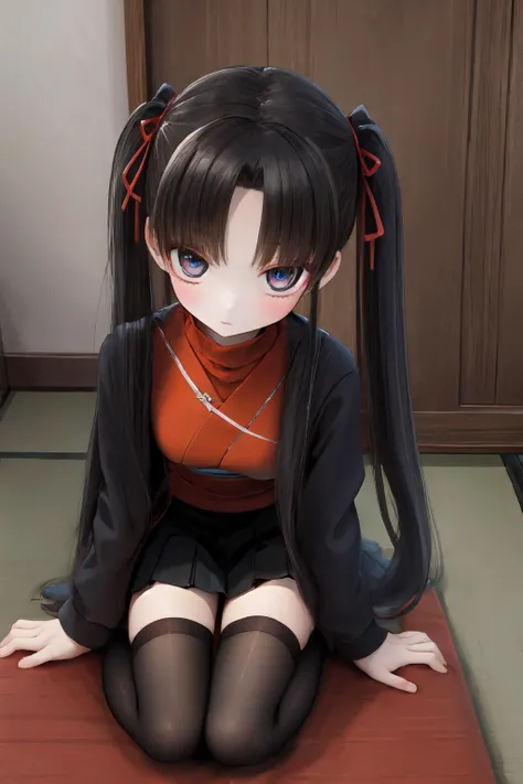 masterpiece, best quality, high contrast, sharp focus, 1girl, upper body picture of rin tohsaka <lora:rintohsakatest:0.7>, aqua eyes, black hair, hair ribbon, long hair, pigtails, ribbon, sidelocks, two side up, BREAK black skirt, black thighhighs, long sleeves, miniskirt, pleated skirt, red sweater, skirt, sweater, thighhighs, turtleneck, sitting in traditional Japanese house, Tenebrism