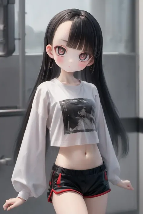 solo, looking at viewer,
1girl,
black hair,  puffy hair,parted bangs,(hairline:1.4),
brown eyes,
midriff, navel,
nude,long sleeves,wide sleeves,white hip-hop dance practice T-shirt,midriff,navel,shorts,