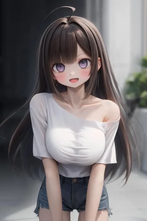 solo,1girl,
huge breasts,large breasts,
long hair,brown hair,ahoge,
purple eyes,
collarbone,
(smirk:1.2),open mouth,fang,blush,
(oversize:1.4),white T-shirt,off shoulder,short sleeves,shirt pull,cutoffs,