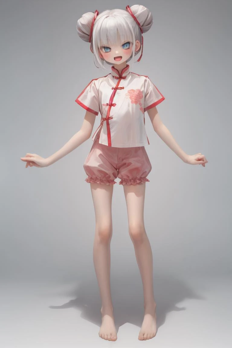 solo,1girl,
standing,
white hair,Double Buns,short hair,
blue eyes,half-closed eyes,
(smirk,open mouth:1.2),
short sleeves,pink china shirt,pink bloomers,barefoot,