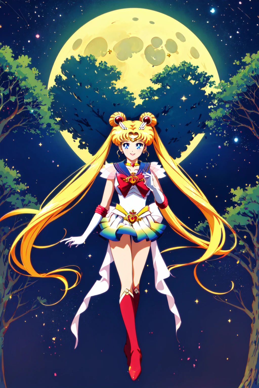 masterpiece, best quality, (1girl), supersailormoon, detailed face, smile, nigh sky, moonlight, moon, sakura trees, white gloves, detailed eyes, detailed face, full body, galaxy background <lora:super_sailor_moon:1>