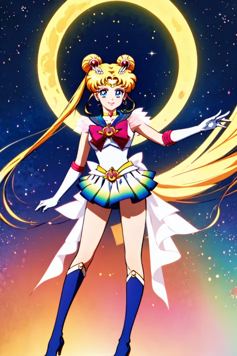 (((NSFW))), Masterpiece, The best quality, nothing, Manager 1, 1 girl, only, Uniforme Sailor Senshi, Sailor Moon, Usagi Tsukino, rubio, Magical Girl, blue eyes, white panties, red neckerchief, elbow gloves, tiara, blue skirt, pleated skirt, mini skirt, choker, white gloves, jewely, earrings, They are smiling, The background is space (excellent detail, Excellent lighting, wide angle), skirt lift, show panties, ((showing open legs)), no pants