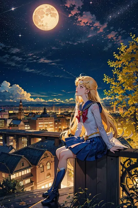 octans, sky, star (sky), scenery, starry sky, night, 1girl, night sky, solo, outdoors, building, cloud, (milky way),moon, sitting, tree, long hair, city, silhouette, skyline, <lora:octans-PYNOISE-LOHA:1>,far view, <lora:super_sailor_moon:0.5>,supersailormoon