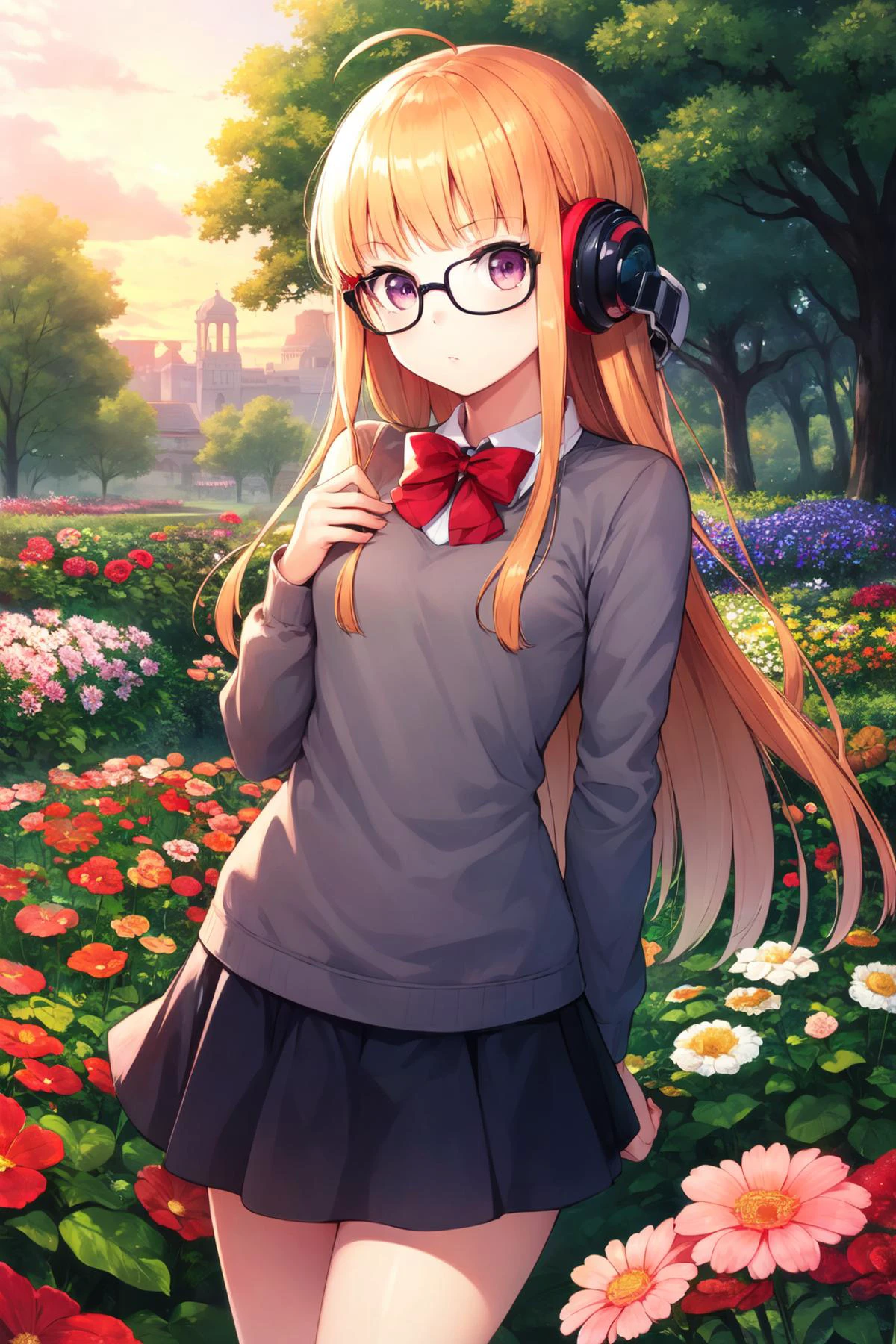 masterpiece, best quality, highres,
<lora:futaba-sakura-v2-07:0.9>, 1girl, futabasakura, blunt bangs, glasses, black-framed eyewear, ahoge, small breasts,
0.7::coral sweater, layered skirt0.2::, red bow, headphones, behind-the-head headphones,
cowboy shot, garden, flowers, trees, golden hour,