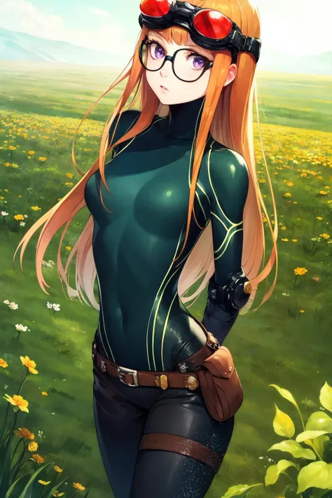 masterpiece, best quality, highres,
<lora:futaba-sakura-v2-07:0.9>, 1girl, futabasakura, bodysuit, black bodysuit, gloves, green gloves, green boots, goggles, goggles on head, belt, glasses,
cowboy shot,  arms behind back,  field, grass,