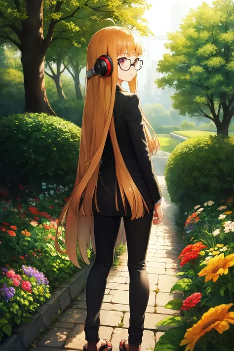 masterpiece, best quality, highres,
<lora:futaba-sakura-v2-07:0.9>, 1girl, futabasakura, blunt bangs, glasses, black-framed eyewear, ahoge, small breasts,
0.3::tuxedo, bowtie0.2::, ribbon trim, platform footwear, sandals, headphones, behind-the-head headphones,
cowboy shot, garden,  flowers, trees, golden hour, from from behind,