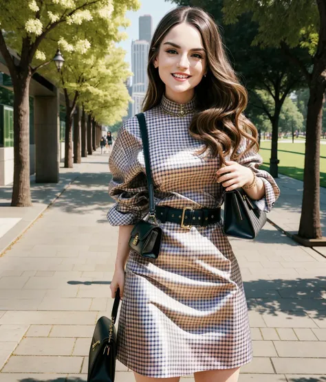 photorealistic, masterpiece, best quality, JoannaJOJO <lora:JoannaJOJOV01:1>, smiling, solo, walking through a city park, designer bag, checkered modern dress, finely detailed skin, pro photo shoot, high resolution, 8k, realistic, photo, depth of field