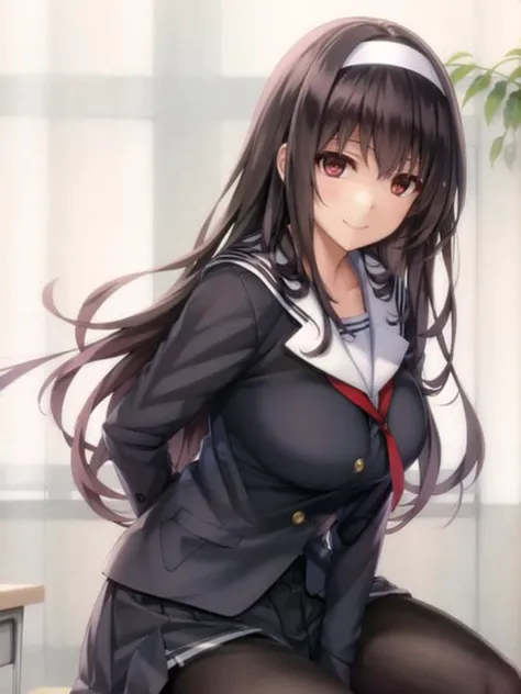 (masterpiece, best quality,extreme detailed beautiful eyes), best illumination, perfect lighting, (1 girl, solo, classroom:1.3) ,<lora:utaha_lycoris:0.7>,utaha_locon,kasumigaoka_utaha,
(full body,dynamic angle,dynamic pose,smile:1.2),
(long_hair, school_uniform, large_breasts,serafuku,collarbone:1.2),white_hairband, pantyhose,black pantyhose