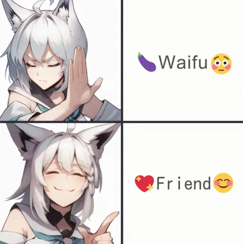 <lora:drakeposting_v02_ponyDiffusionV6XL-15:0.9>, score_9, score_8_up, score_7_up, drakeposting-yes, upper body, index finger raised, 1girl, ahoge, aqua eyes, fox ears, white hair, white background, medium breasts, side braid, aqua neckerchief, closed eyes, smile,