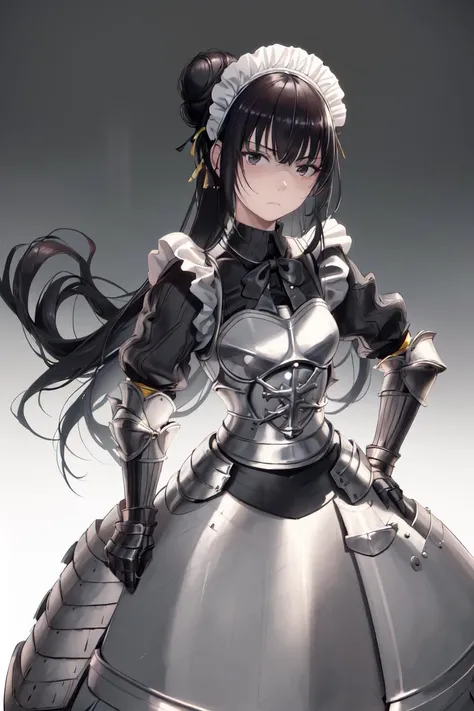 1girl, maid, solo, black hair, hands on hips, apron, maid headdress, single hair bun, black eyes, hair bun, looking at viewer, maid apron, (armor, armored dress,:1.2), emotionless, narberal_gamma, <lora:Narberal Gamma v1_1:0.75>