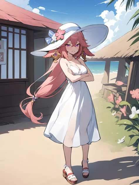 score_9, score_8_up, source_anime, 1girl, solo, MonarchWhiteWarrick, long hair, white sun hat, white dress, off-shoulder dress, see-through cleavage, short dress, high-low skirt, frills, white thigh strap, standing, outdoors, beach, sunshine, smile, blush, <lora:ChamMonarchPonyXL:1>