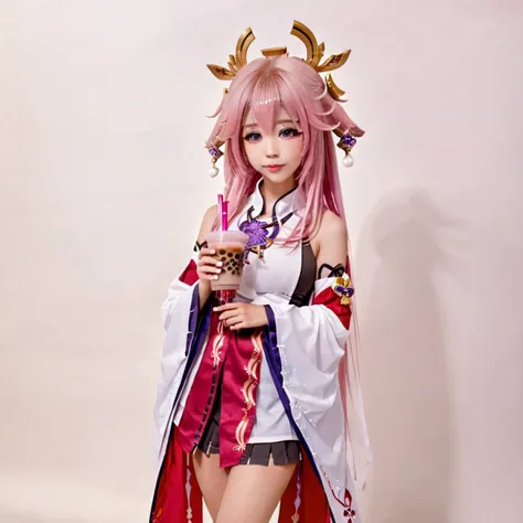 woman, solo, yae_miko, drinking_straw, pink_hair, white_background, chibi, long_hair, bubble_tea, detached_sleeves, wide_sleeves, simple_background, holding, purple_eyes, hair_between_eyes, japanese_clothes, bangs, holding_cup, drinking, long_sleeves, cup, disposable_cup, full_body, shirt, ribbon-trimmed_sleeves, sleeveless_shirt, looking_at_viewer, hair_ornament, white_shirt, standing, very_long_hair, animal_ears, fox_ears, ribbon_trim, jewelry, nontraditional_miko, white_sleeves, <lora:å
«é:0.75>, <lora:oowoman:0.85>
