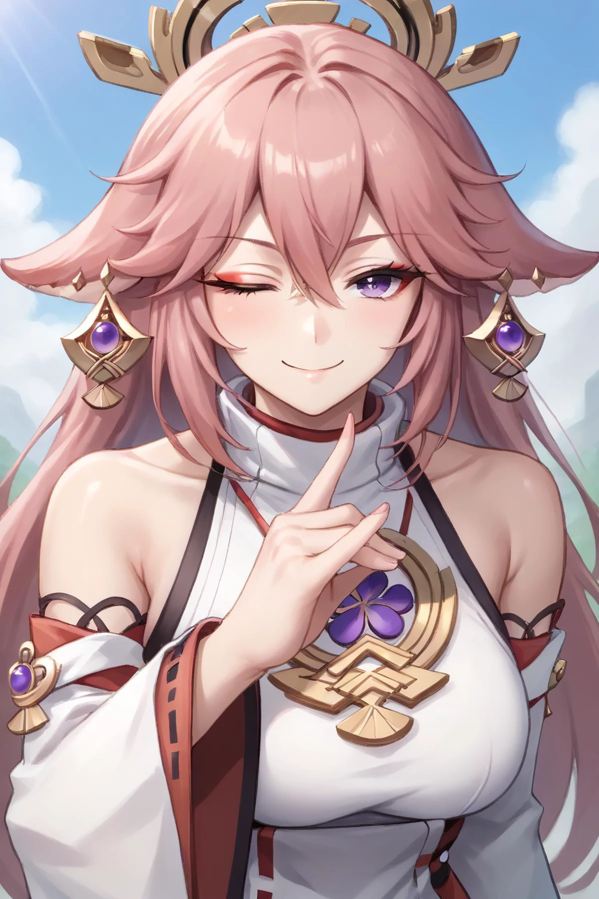 score_9, score_8_up, best quality,masterpiece,looking at viewer,absurdres,1girl, BREAK <lora:yae_miko_pony:1>, bachong, sidelocks, sleeveless_shirt,nontraditional_miko, white_sleeves, wide_sleeves, earrings, japanese_clothes, bare_shoulders, detached_sleeves, yae miko, genshin impact, <lora:Aki's fox shadow puppet:1> fox shadow puppet one eye closed, smirk, closed mouth, red eyeshadow