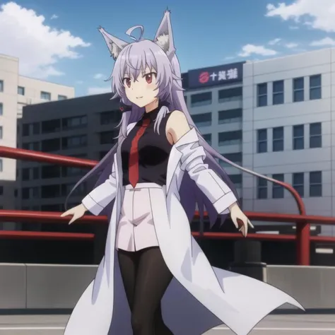 agastya-wolfbete, black shirt sleeveless necktie labcoat, purple hair, long hair, red eyes, wolf ears, full body, medium breasts, solo, 1girl, outdoors <lora:agastya-wolfbete-000013:0.5>