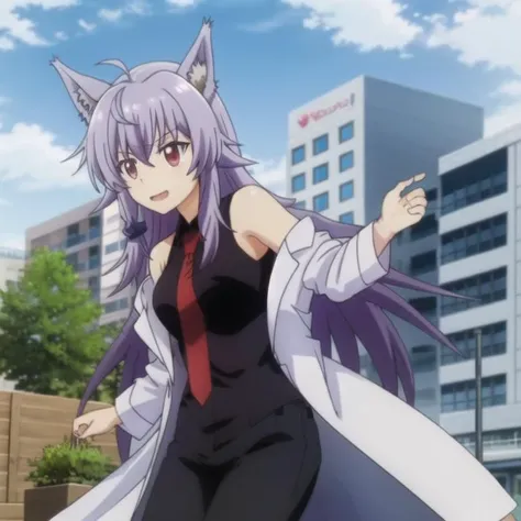 agastya-wolfbete, black shirt sleeveless necktie labcoat, purple hair, long hair, red eyes, wolf ears, full body, medium breasts, solo, 1girl, outdoors <lora:agastya-wolfbete-000013:0.7>