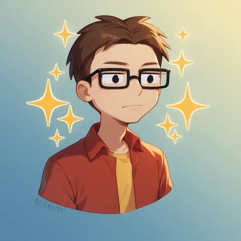 score_8_up, BREAK, Steve smith, 1boy,  solo, black eyes, glasses,  red shirt, yellow shirt,  pants,   <lora:SteveSmith_PXL_Leaf1:0.8>, portrait, gradient background, sparkle background,