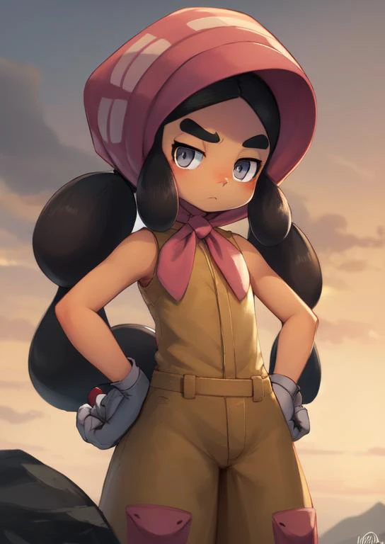 (masterpiece, best quality:1.2), extremely detailed, soft ambient lighting, sharp focus, 4K, BREAK <lora:pokemon_hapu:1>, 1girl, solo, small girl, hapu \(pokemon\), black hair, grey eyes, dark skin, dark-skinned female, twintails, bonnet, sleeveless jumpsuit, gloves, BREAK outdoors, standing, hands on hips, frown, looking at viewer