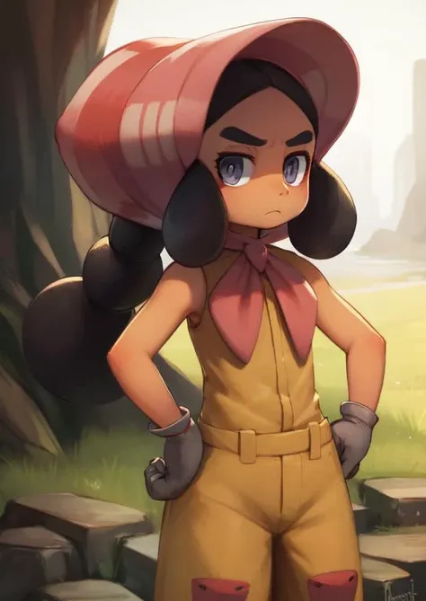 (masterpiece, best quality:1.2), extremely detailed, soft ambient lighting, sharp focus, 4K, BREAK <lora:pokemon_hapu:1>, 1girl, solo, small girl, hapu \(pokemon\), black hair, grey eyes, dark skin, dark-skinned female, twintails, bonnet, sleeveless jumpsuit, gloves, BREAK outdoors, standing, hands on hips, frown, looking at viewer
