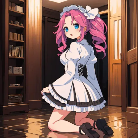 <lora:ShikokuMetan008:0.7>,solo,
ShikokuMetan,1girl,twin drill hair,
white dress,wide_sleeves,
looking back,kneeling,