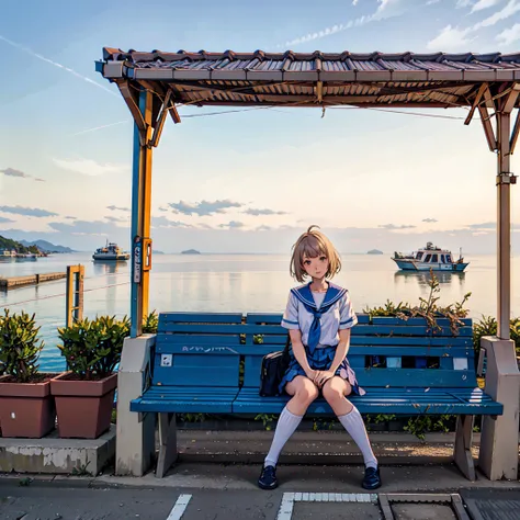 1girl, outdoors, sunlight, (best quality:1.1), (masterpiece:1.0), white shiny skin,detailed brown eyes, (depth of field:1.1), (HDR:0.1), flat chest, sunlight,Moist lips,fingernails ,bangs, parted lips, short hair, serafuku, school uniform, school bag, <lora:shimonadaStationJR_test01:1>, shimonadaeki, sky, scenery, ocean, horizon, power lines, cloud,blue sky, sunset, utility pole, train station, (train:1.2), sitting