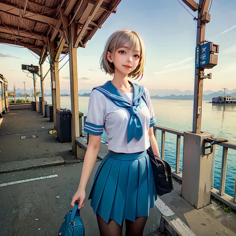 1girl, outdoors, sunlight, smile, closed mouth, (best quality:1.1), (masterpiece:1.0), white shiny skin,detailed brown eyes, (depth of field:1.1), (HDR:0.1), flat chest, sunlight,Moist lips,fingernails ,bangs, parted lips, short hair, serafuku, school uniform, pantyhose, school bag