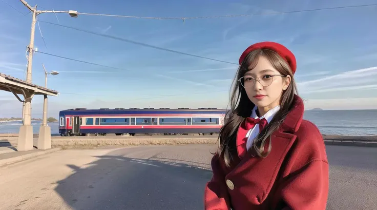 (masterpiece), best quality,(8k, RAW photo:1.2),extremely detailed 8K,(ultra highres:1.4),(photorealistic),(photo:1.4),(realistic:1.3),(1girl:1.8),(solo:1.6), (glasses:1.3), brown hair, bangs, long hair, bowtie, hairclip, (red beret),(red coat:1.6),school uniform,black skirt,looking at viewer,delicated,detailed body,detailed facial feature,(shimonadaeki:1.4), outdoors, sky, scenery, ocean, horizon, power lines, cloud, blue sky, sunset, utility pole,(train station:1.2),<lora:japaneseDollLikeness_v10:0.2>, <lora:taiwanDollLikeness_v10:0.1>, <lora:koreanDollLikeness_v15:0.3>, pureerosface_v1,<lora:shimonadaStationJR_test01:1>