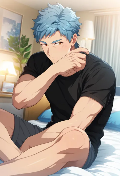 1boy, male focus,
<lora:Character_-_Helios_Rising_Heroes_-_Asch_Albright:1> asch, blue hair, orange eyes,
((zPDXL)), score_9_up, score_8_up, score_7_up, score_6_up, score_5_up, score_4_up, best quality, amazing quality, best aesthetic, absurdres, year2023, nsfw, game cg, official art, official style, anime screencap,
bedroom, black shirt, sitting on bed, shorts, presenting,