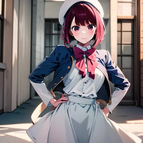 masterpiece, 8k wallpaper, best quality, 1girl, ArimaKana, <lora:ArimaKana_V2>, looking at the viewer, hand on hips, blue open jacket, beret hat, white dress, red bow tie, white shirt, solo, red short hair,