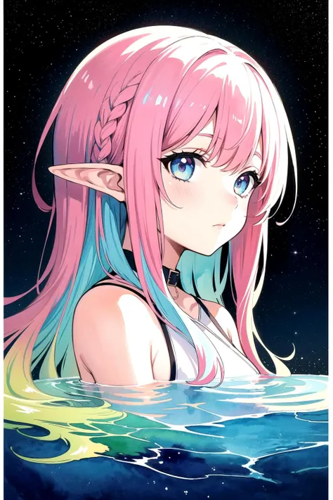 (masterpiece, top quality, best quality,watercolor (medium),official art, beautiful and aesthetic:1.2),(1girl:1.3), (fractal art:1.3),upper body, from side, looking at viewer,patterns,(rainbow color Hair,colorful hair,half blue and half pink hair:1.2),(elf ears:1.2),water,liquid, cloud,colorful, starry,stars,
