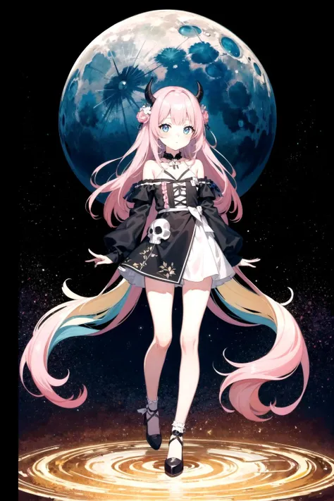(masterpiece, top quality, best quality,watercolor (medium),official art, beautiful and aesthetic:1.2),(1girl:1.3), (fractal art:1.3),full body, looking at viewer,patterns,(rainbow color Hair,colorful hair,half blue and half pink hair:1.2), Movie Light, (Hell Building), Death Light, (Purple Particle), Demon, Moon, Bright Moonlight Skull, Very long hair, clothes with ridiculous Details, Whirlwinds,