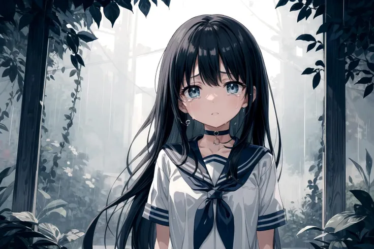 1girl, solo, school uniform, choker, flower, long hair, leaf, looking at viewer, blue theme, serafuku, tears, rain, parted lips, own hands behind back, upper body, crying, sailor collar, jewelry, water drop, crying with eyes open, black choker, black hair, bangs, monochrome, standing between vines, standing between leaves,blue monochrome,doll effect, cremeic effect,,<lora:more_details:0.5>