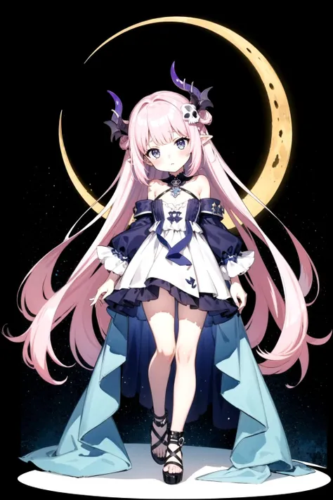 (masterpiece, top quality, best quality,watercolor (medium),official art, beautiful and aesthetic:1.2),(1girl:1.3), (fractal art:1.3),full body, looking at viewer,patterns,(rainbow color Hair,colorful hair,half blue and half pink hair:1.2), Movie Light, (Hell Building), Death Light, (Purple Particle), Demon, Moon, Bright Moonlight Skull, Very long hair, clothes with ridiculous Details, Whirlwinds,