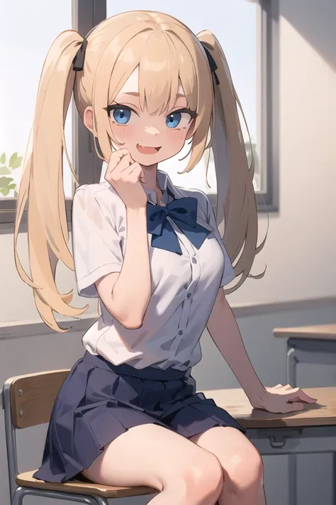 <lora:smugmouth_v100:1>
insanely detailed, absurdres, ultra-highres, ultra-detailed, best quality,
1girl, solo, nice hands, perfect hands,
BREAK,
wearing summer school uniform, skirt,
smug, open mouth,
sitting,
45 angle, cowboy shot, looking at viewer,
BREAK,
slender, kawaii, perfect symmetrical face, ultra cute girl, ultra cute face, ultra detailed eyes, ultra detailed hair, ultra cute, ultra beautiful
BREAK,
indoors, in classroom,
blonde hair, twintails, blue eyes