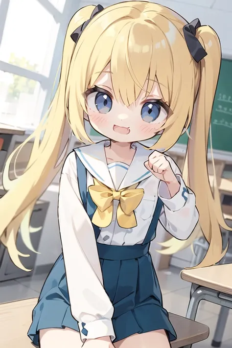 <lora:smugmouth_v100:1>
insanely detailed, absurdres, ultra-highres, ultra-detailed, best quality,
1 girl, solo, nice hands, perfect hands,
BREAK,
wearing summer school uniform, skirt,
smug, open mouth,
sitting,
45 angle, cowboy shot, looking at viewer,
BREAK,
slender, kawaii, perfect symmetrical face, ultra cute girl, ultra cute face, ultra detailed eyes, ultra detailed hair, ultra cute, ultra beautiful
BREAK,
indoors, in classroom,
blonde hair, twintails, blue eyes