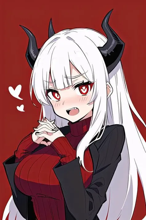 masterpiece, best quality, modeus(helltaker), drooling, formal, black horns, large breasts, open mouth, simple background, red eyes, long sleeves, symbol-shaped pupils, upper body, solo, sweater, white hair, black suit, ribbed sweater, blush, turtleneck, 1girl, heart, jacket, demon horns, horns, heart-shaped pupils, red sweater, red background, looking at viewer, own hands together, suit, demon girl, anime